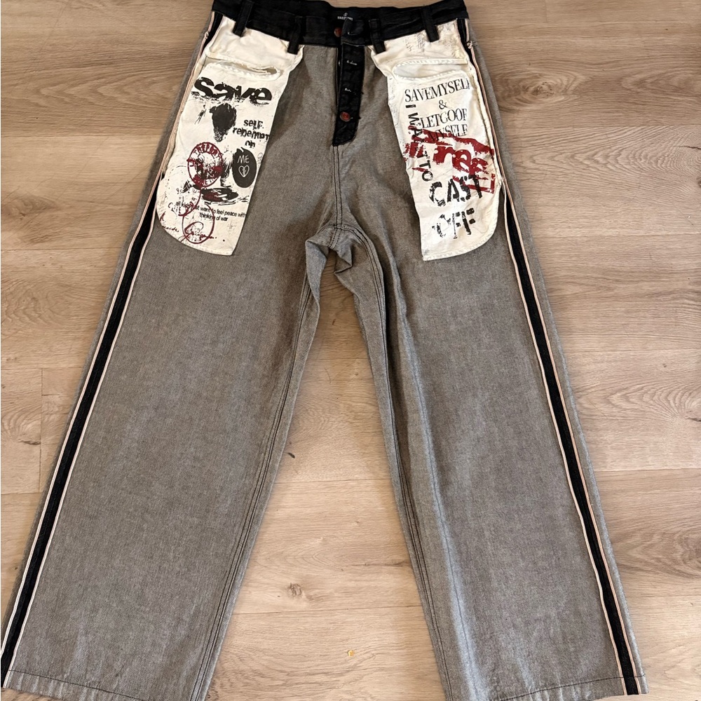 Graphic Print Jeans with Red and Black Accents